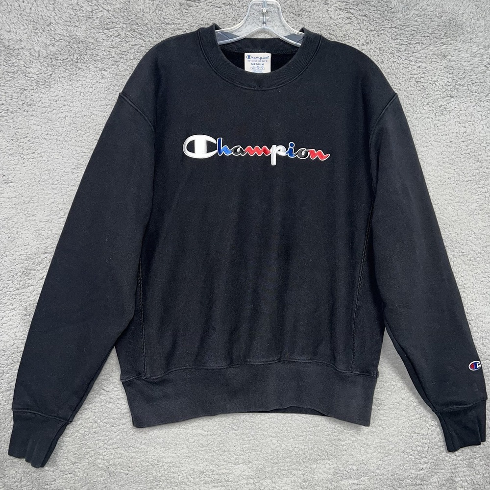 Champion Sweatshirt Men's Size M Black Reverse Weave Embroidered Spell Out Logo